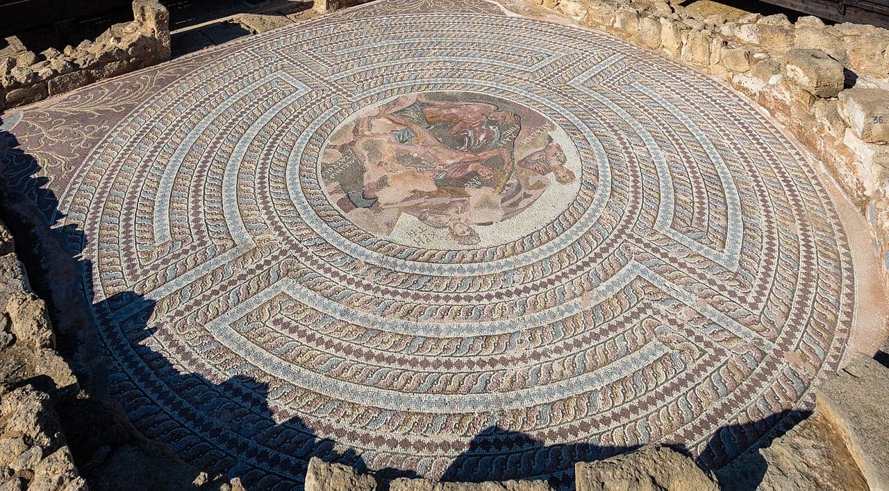 Colourful ancient Roman mosaic floor tiles showing mythological scenes at Paphos