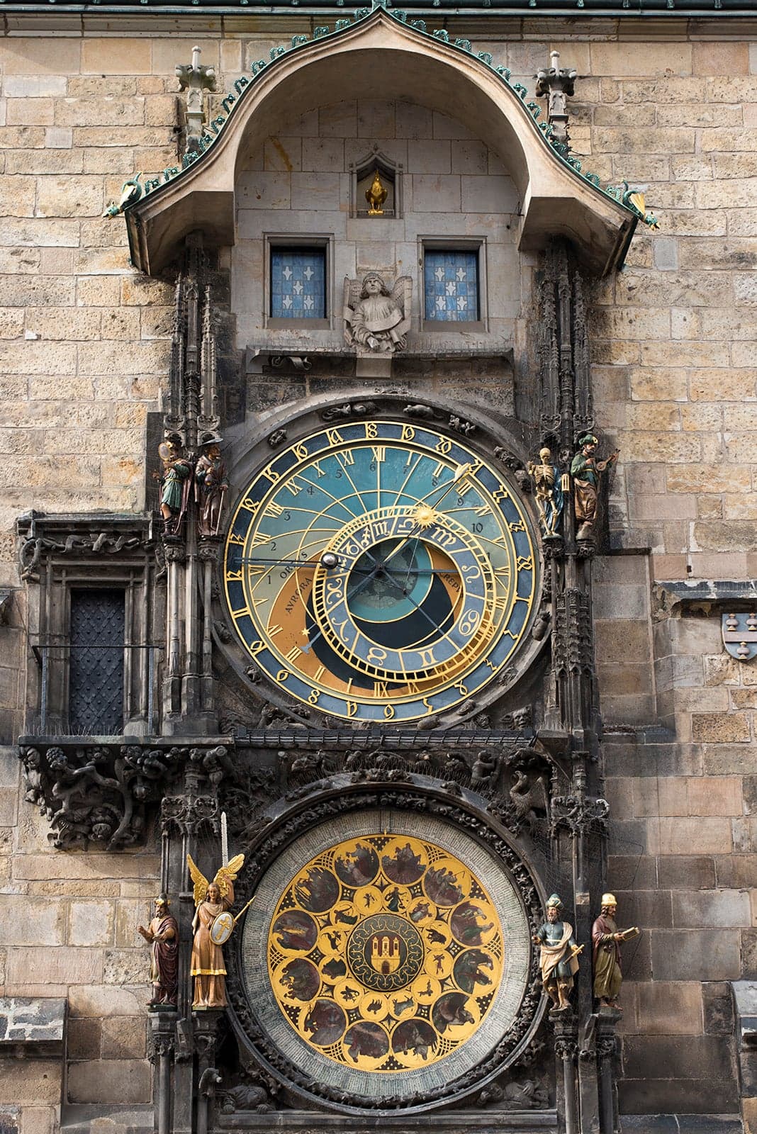 The ornate Prague Astronomical Clock on the Old Town Hall tower