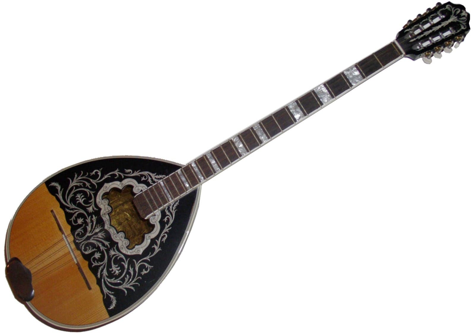 A bouzouki, a long-necked Greek string instrument with a pear-shaped body
