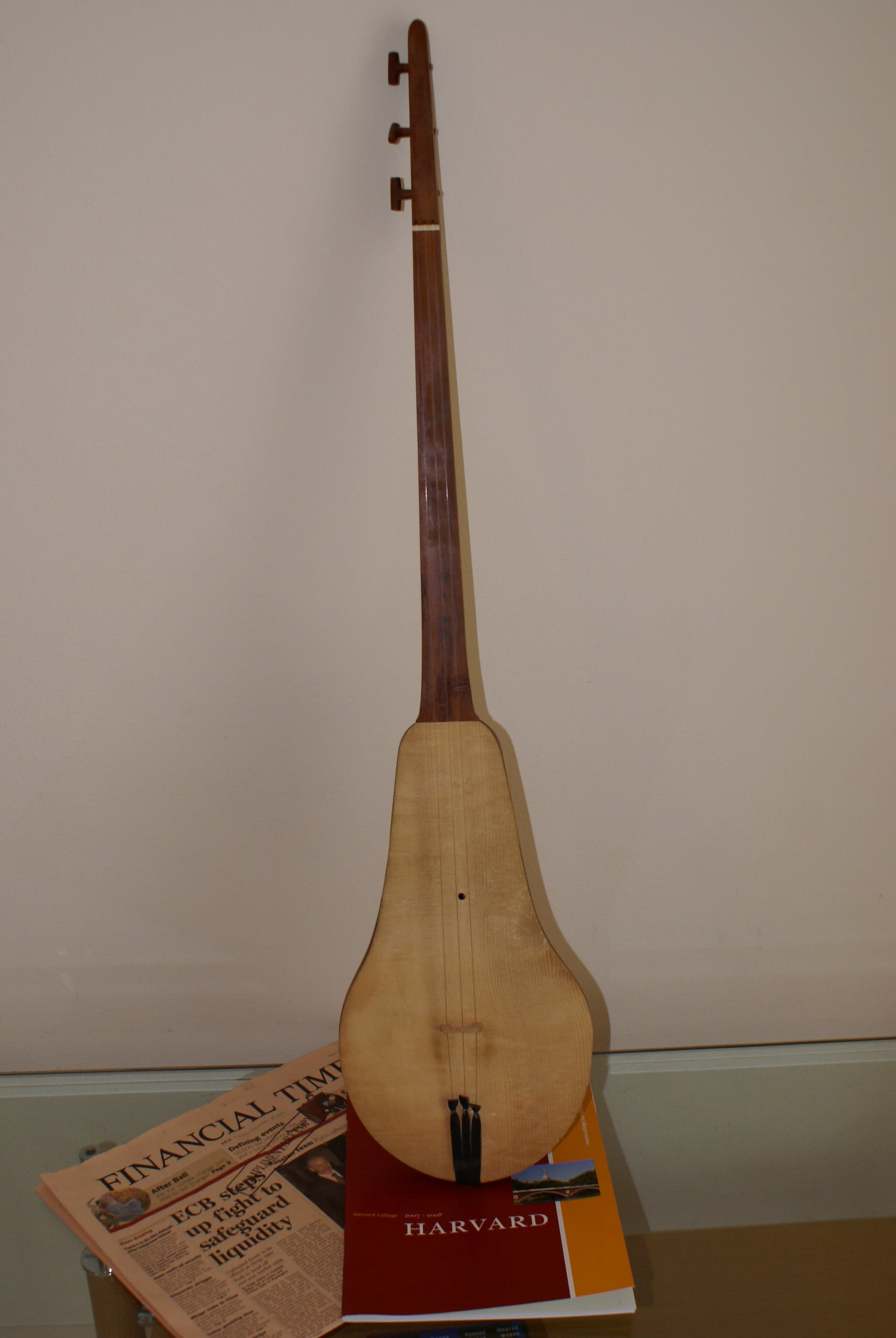 A wooden komuz three-string lute held in a musician's hands