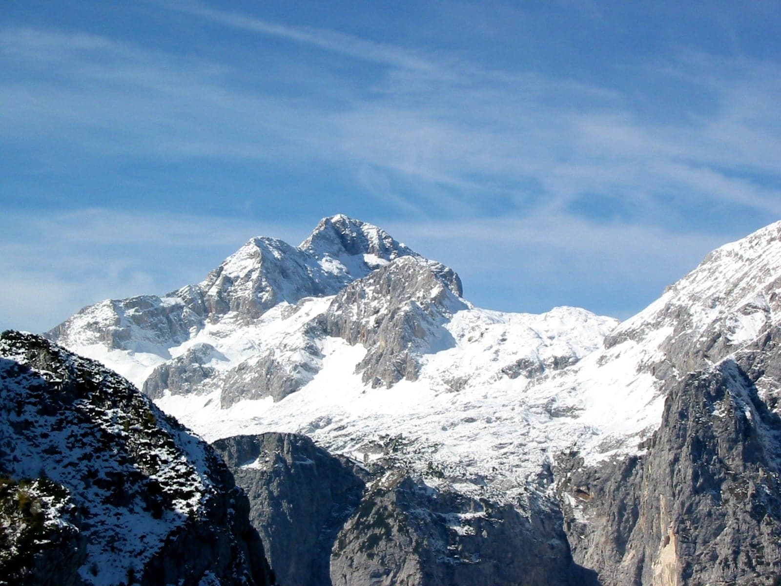 The three-peaked summit of Mount Triglav in the Julian Alps