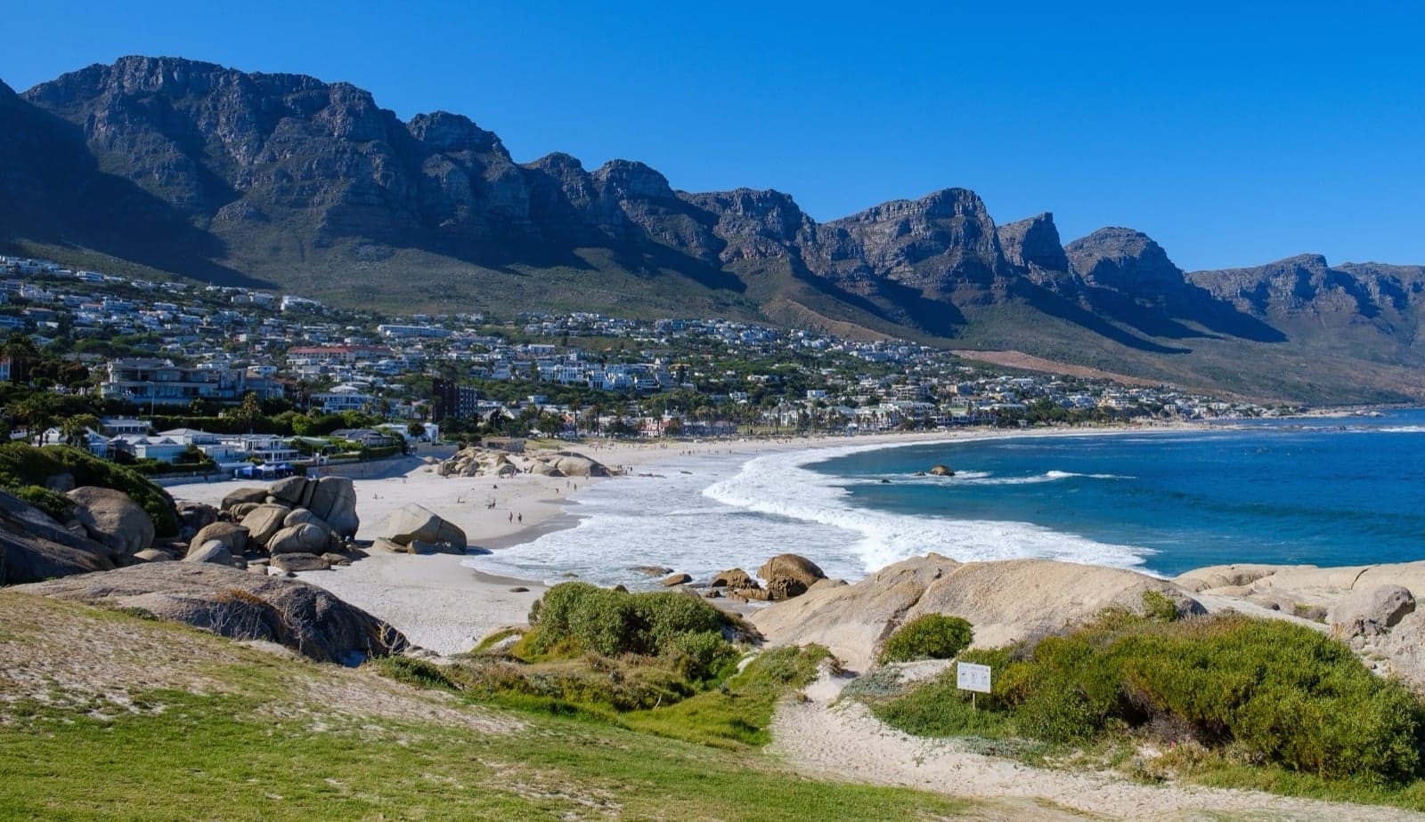 Camps Bay beach and the Twelve Apostles mountain range near Cape Town