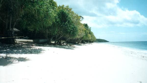 Tutuala beach with white sand, turquoise water and Jaco Island in the distance