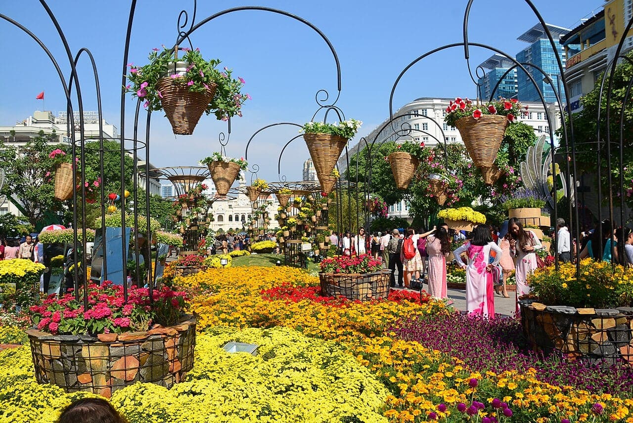 A street decorated with hundreds of yellow and pink flowers in baskets and arches for Tet, Vietnam's Lunar New Year